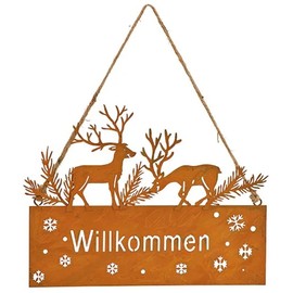 Macosa GW10030520 Decorative Sign, Welcome Deer, Rust, Metal Door Sign, Winter Autumn Decoration, Hanging Decoration, Christmas, Winter Decoration
