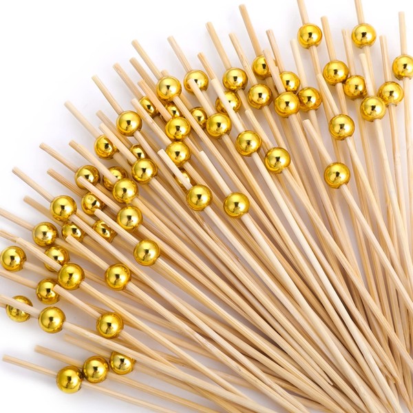 100 PCS Cocktail Picks, 4.7 inch Fancy Cocktail Toothpicks for Appetizers Skewers Bamboo Cocktail Picks for Party Decoration, Gold Pearl Food Picks for Charcuterie Sandwich Burgers Fruit (Gold)