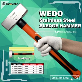 WEDO Sledge Hammer,2lb Stainless Steel German Type Crack Hammer With Fiberglass Handle,Length 400mm,Shock-resistant,Corrosion Resistant Drilling Hammer