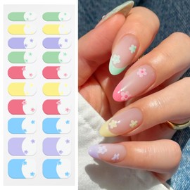 JMEOWIO Gel Nail Stickers Colorful Flower French Tip Semi Cured Gel Nail Strips Wraps UV/LED Nails Art Design Decoration Accessories