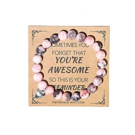 COLORFUL BLING Natural Healing Stone You’re Awesome Heart Beaded Strand Adjustable Bracelet with Meaningful Card Inspirational for Women Jewelry Gifts Wristbands Faith Christmas Birthday-Pink