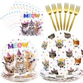 CANREVEL 96 PCS Cat Party Plates Serve 24, Cat Plates and Napkins Forks Set, Disposable Tableware for Birthday Supplies Party Decorations for Grils Women Boys Men