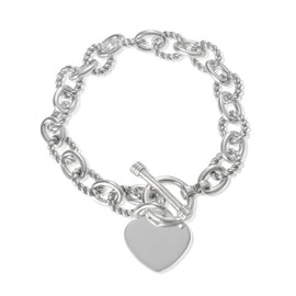 Designer Inspirations Boutique Alternating Twist (Small) Link & Oval Cable Link Bracelet With Heart Tag & Toggle Clasp - 925 Sterling Silver - 8 Inch