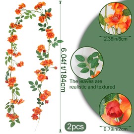 GhuaH 2 Pcs Artificial Flowers Garland for 0utdoors Orange Faux Gardenia Garland 12Ft Silk Rose Hanging Vines Floral for Wedding Arch Party Wall Garden Ceremony Backdrop Fence Spring Decor