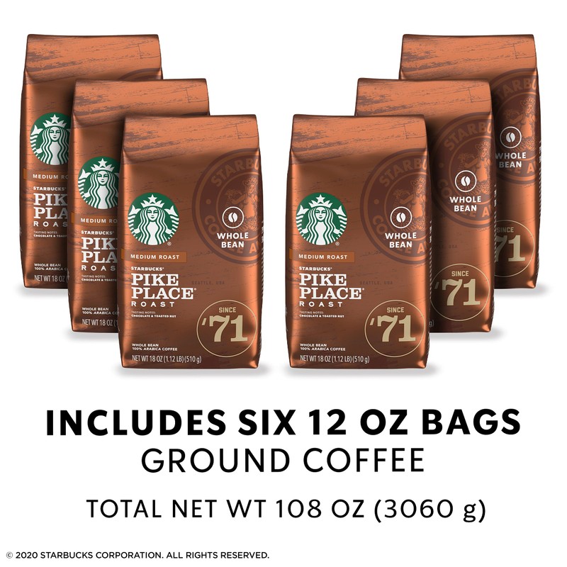 Starbucks Medium Roast Whole Bean Coffee Pike Place Roast 100%