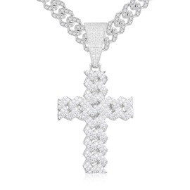 Ucciyo Silver Moissanite Cross Necklace for Men 8MM Iced Out Cuban Link Cross Pendant 925 Sterling Silver Cross Chain Necklace 2.7 Carat D Color VVS1 Diamond 18k Gold Plated Christian Pendant