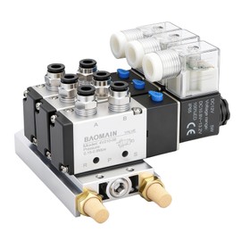 Baomain 3 Station Solenoid Valve Manifold, 12V DC 5 Way 2 Position Pneumatic Air Valve, Triple Solenoid, 1/4" PT Port, Includes Manifold Base & Mufflers, 4V210-08