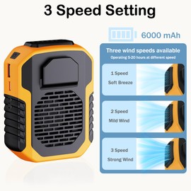 Portable Waist Fan Rechargeable, Clip Fan with 6000mAh Battery, 3 Speeds Wearable Belt Fan Necklace Fan, Strong Airflow Hands-Mini Fan Handheld for Outdoor Works, Farm, Hiking, Camping, Travel（Orange）