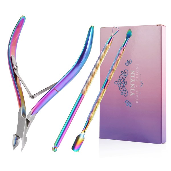 Cuticle Trimmer with Cuticle Pusher and Cutter,YINYIN Cuticle Remover Cutter Nipper Clippers Durable Pedicure Manicure Tools for Fingernails and Toenails(Rainbow)