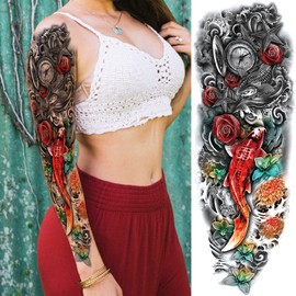 Realistic Fish Temporary Tattoo Sleeve for Women Leg, 4-Sheet Full Arm Color Fish Flower Fake Tattoo Sleeve Adult Girl and 4-Sheet Large Fish Floral Half Temp Tatoo Sticker Thigh Makeup Body Art