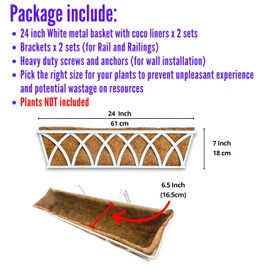 LaLaGreen Railing Planter Boxes (2 Pack, 24 Inch) White Metal Rectangular Window Flower Box with Coco Liner, Hanging Planters for Outdoor Plants Holder Deck Rail Fence Balcony Patio Porch Garden Decor
