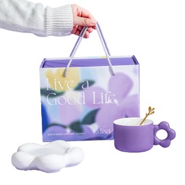 Wansli Ceramic Cloud Coffee Cup and Saucer Set, Cute Ceramic Espresso Coffee Cup with Flower Spoon, Coffee Mugs Set 8.45oz / 250ml for Coffee, Tea, Milk, Can be Given as a Gift-Purple