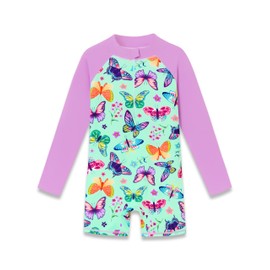 Dvenki Long Sleeve Butterflies Swimwear for Girls Rash Guard 1 PC Quick Dry Zipper Bathing Suit Swimsuit Size 5/6