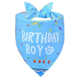 WoffBow Dog Birthday Boy Bandana for Small Dogs - Reversible Blue Confetti Tie-On Scarf, Happy Birthday Party Outfit Puppy Gift, 9-14" Neck