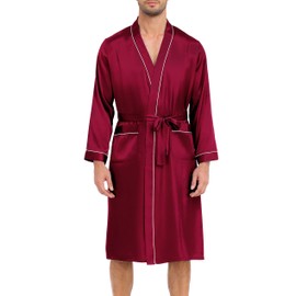 Lovasy Mens Silk Dressing Gown Lightweight Satin Robe for men Summer Kimono Dressing Gown Long Sleeve Bathrobe Soft Spa Silky Robes with Belt and Pockets Loungewear Nightwear,Red,L