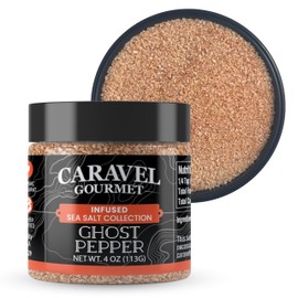 Ghost Chili Pepper Sea Salt - All-Natural Unrefined Sea Salt Infused With Extra Hot Ghost Pepper - No Gluten, No-MSG - One of the World's Hottest - Cooking or Finishing Salt - 4 oz. Jar - Caravel Gourmet
