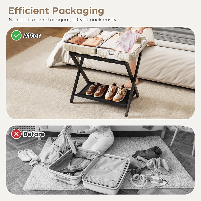 Fully Assembled Black Luggage Rack for Guest Room, Bamboo Folding