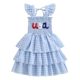 Kayotuas 4th of July Toddler Girl Outfit Smocked USA Dress Sleeveless Tie Strap Fouth of July Dresses Kids Patriotic Clothes (Blue Gingham, 6-7 Years)
