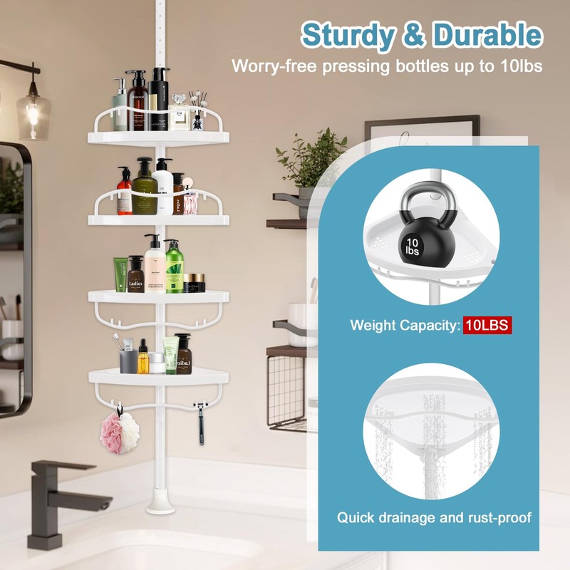 Corner Shower Caddy Tension Pole, Rustproof Bathtub Storage Organizer with