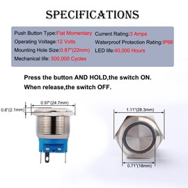 JIQI 2Packs 22mm 0.87'' Momentary Push Button Switch 12V-24V LED On Off Waterproof Metal Switch 1 NO 1 NC with Wire Socket Plug for 7/8'' Mounting Hole(Blue)