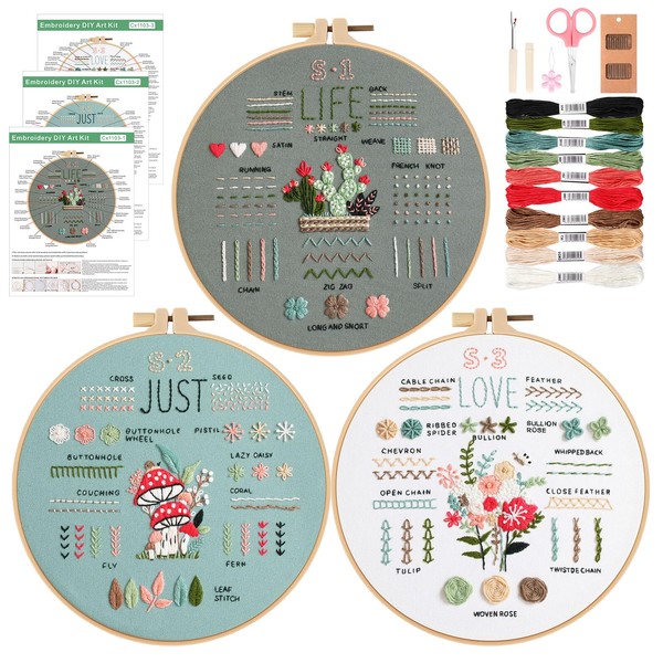 JSRQT Set of 3 Embroidery Starter Kit Beginners, Stitch Practice