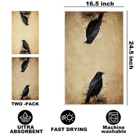 2Pcs Vintage Raven Kitchen Towels, Dark Aesthetic Decorative Absorbent Microfiber Dish Cloth Tea Towel, Durable Hand Towels for Farmhouse Home Bathroom Kitchen, Crow Gifts