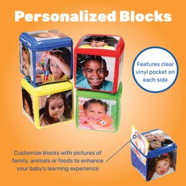 Constructive Playthings Stacking Blocks with Photo Pockets, 4-Piece Foam Baby Blocks Holds 24 Photos, Builds Fine Motor Skills, Spatial Reasoning, Toddler Toys for Ages 12 Months & Older