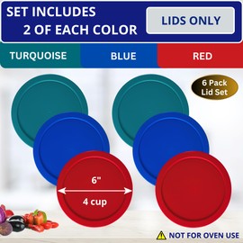 KlareWare Replacement Lids for - 4 Cup Storage Bowl Covers, BPA Free Plastic Lids for Pyrex 7201, Anchor Hocking (6 Pack, Turquoise, Blue, Red) - Containers NOT Included