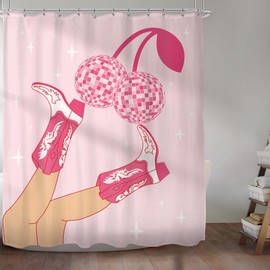 KOMLLEX Disco Cowgirl Shower Curtain Cherry Western Preppy American Modern Cute Checkered Boots Aesthetic Teen Girls Fabric Waterproof Polyester 12 Pack Hooks Pink 60Wx72H Inches Bathroom Decor