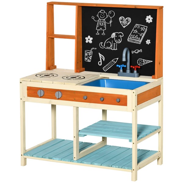 Qaba Kids Kitchen Playset, Wooden Pretend Play Kitchen Toy Set for 3-8 Years with Chalkboard, Removable Sink, Storage Shelves