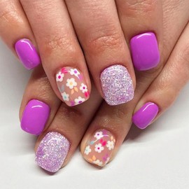 Flower Press on Nails Short Square Fake Nails Purple Glitter False Nails with Flowers Designs Acrylic Nails Spring Glue on Nails Glossy Short Artificial Nails Stick on Nails for Women