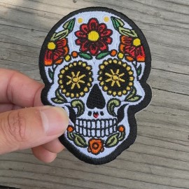 Patchwork Paradise Sugar Skull Embroidered Iron-On Patch – Day of the Dead DIY Badge