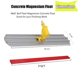 Bull Float Magnesium Concrete Float, 48 x 8" Round End Concrete Float Tool, Cement Tool Bull Concrete Kit Bull Float with 3 Float Handle for Concrete Finishing