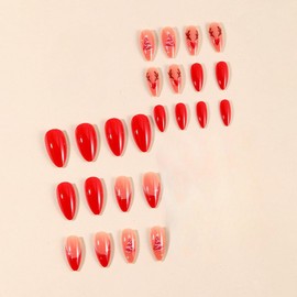 Christmas Press on Nails Almond Medium Fake Nails Red French Tips False Nails with Xmas Tree Heart Elk Mouth Designs Full Cover Stick on Nails Star Acrylic Nails Artificial Nails for Women Girls 24Pcs