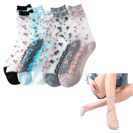 Doyime Women's Socks, See-through Socks, Summer Socks, Crew Socks, Floral Pattern, Embroidered, Women's, Socks, Thin Socks, Stylish, Cute, See-through Socks, Breathable, School, Work, Indoor, One Size