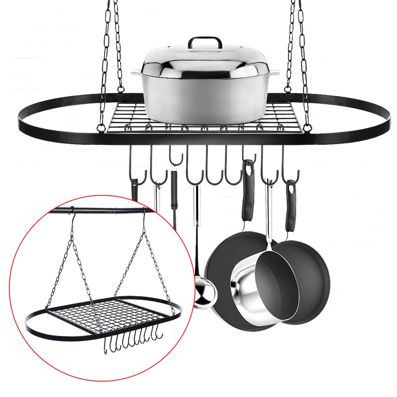 Kitchen Storage Hanging Pot Holder Pan Hanger Shelf Cookware 9-Hooks