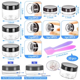 MotBach 60pcs Makeup Travel Containers with Lids, 3/5/10/15/20 Gram Empty Plastic Containers with Lids, Makeup Sample Containers Cosmetic Jars with Spatulas for Liquid Lotions Powder Creams