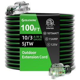 islewire 100FT 10/3 Outdoor Extension Cord, 10 AWG Ultra Heavy Duty 3-Prong SJTW, Waterproof, Flexible Cold-Resistant, Indoor/Outdoor, LED Lighted End, 15 Amp 1875W, Black & Green, ETL Listed