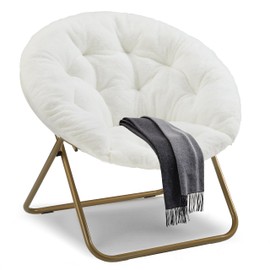 Saucer Chair Comfy Faux Fur, Folding Moon Chair with Metal Frame, Cozy Round Chair, Lounge Lazy Chair for Living Room Bedroom Adults Kids Teens, White