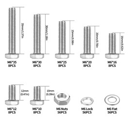 224 Pcs M6 Bolts and Nuts Set, Flat Hex Bolts, M6 Hex Bolts Sets, Metric Assorted Nuts and Bolts Assortment, Outer Hexagon Bolts Machine Screws and Nuts and Flat Washers & Lock Washers, Bike Bolts