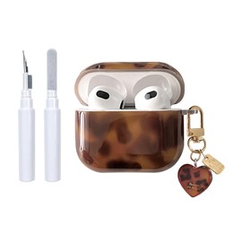 Reownest Compatible with AirPods Pro/Pro 2 Case with Cleaning Kit, Cute Brown Leopard Print Amber Tortoise Aesthetic Design, Shock-proof Love Keyring Cover for Girls Woman-Amber