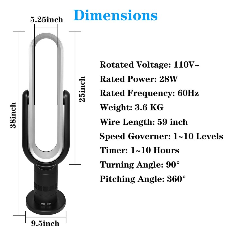 Simple Deluxe 39 inch Bladeless Tower Fan, Standing Fan, 10