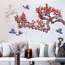 WOHAHA Chinese Style Ink Painting Wall Decals Tree Branch Plum Blossom Wall Stickers Peel and Stick Flying Bird Ancient Pagoda Bedroom Living Room Wall Art Murals Decor