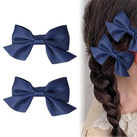 1 Pair Bow Hair Clips Hair Clips Hair Bows Girls Non-Slip Crocodile Hair Clips Red Bow Hair for Christmas Wedding Birthday (Navy Blue)