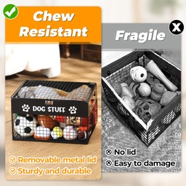 Qmetalart Dog Toy Box, Metal Dog Toy Storage Box with Lid, Chew-Resistant Dog Toy Basket, Durable Toys Bin for Small Dogs and Pet, Puppy Toy Holder Boxes for Living Room