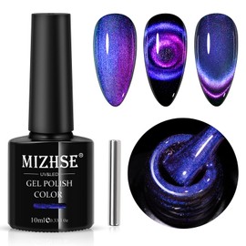 MIZHSE 9D Cat Eye Gel Nail Polish, Dual Colors Purple & Pink Magnetic Gel Polish with Magnet Stick, Magic Chameleon Galaxy Effect Holographic Glitter Silky Cat Eye Nail Polish Soak Off Nail Art Salon