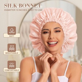 Woakess Gorro De Seda para Dormir Gorro Saten Pelo Rizado, Silk Bonnet Gorro De Satén De Doble Capa Ajustable para Dormir, Gorro De Noche para Mujer (Beige, Extra Largo)