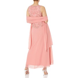 J Kara Women's Petite Long Beaded V Trim Detail Gown with Scarf, Coral/Multi, 12P