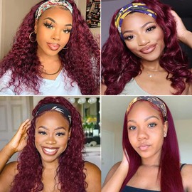 99J Burgundy Headband Wig Huamn Hair Unprocessed Brazilian Virgin Hair Gtrade 8A Glueless Wigs With Elastic Bands And Combs 24 Inch Deep Wave Red Wig Huamn Hair Machine Made Wig