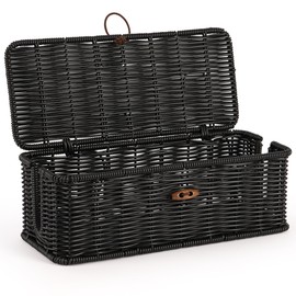 Cable Management Box, Handwoven Faux Rattan Cord Organizer Box with Lid, 2 Open Slots Cable Organizer Box, Decorative Cord Hider Box for Tv Computer USB Hub & Power Strip Holder